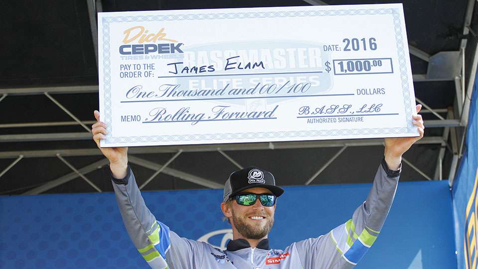 After finishing in the Top 12 at Wheeler Lake, James Elam was presented the Dick Cepek Tires and Wheels Rolling Forward Award for making the biggest jump in the Toyota Angler of the Year Standings.