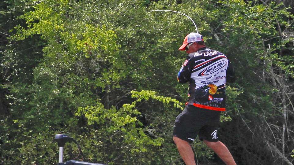 Chris Lane started his day with a quick limit, but he went through a rough patch and only boated two small fish in the ensuing four hours. After the long drought he hooked up with a day-saving fish.