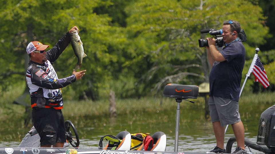 He shows it off to Bassmaster LIVE viewers and his cameraman Eric Kaffka.