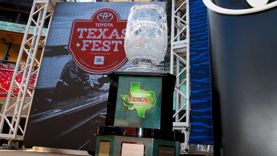 Up for grabs at the 2016 Toyota Texas Bass Classic - $100,000, a new Toyota truck and this beautiful trophy. The angler weighing the largest bass of the tournament (which this year is Chris Zaldain) also takes home a new Toyota rig.