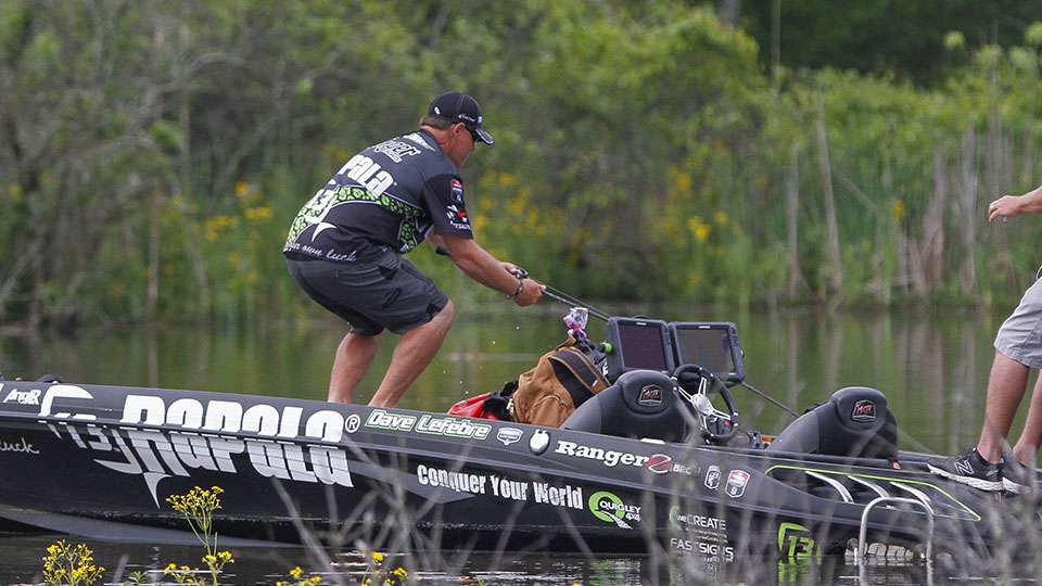 After a small lull in the action a bass boils on his jig as he pulled it back to the boat so Lefebre dropped in back in the water and the fish crushed his bait.