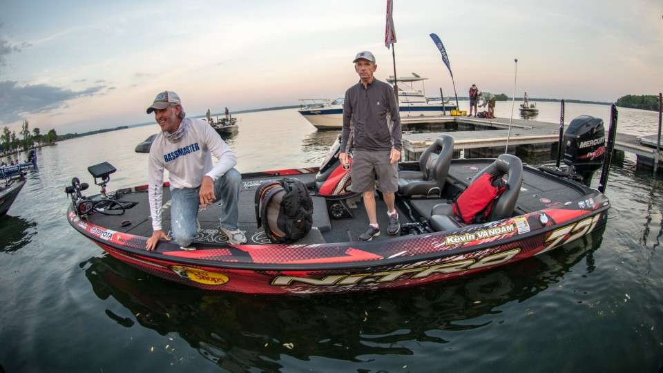 Tounament Director Trip Weldon finds himself on Kevin VanDam's boat during takeoff. 