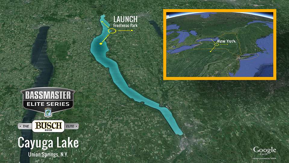 The Busch Beer Bassmaster Elite at Cayuga Lake is the seventh stop of 2016 season. The site headquarters is Union Springs, a village of 1,197 on the northeast side of the lake.