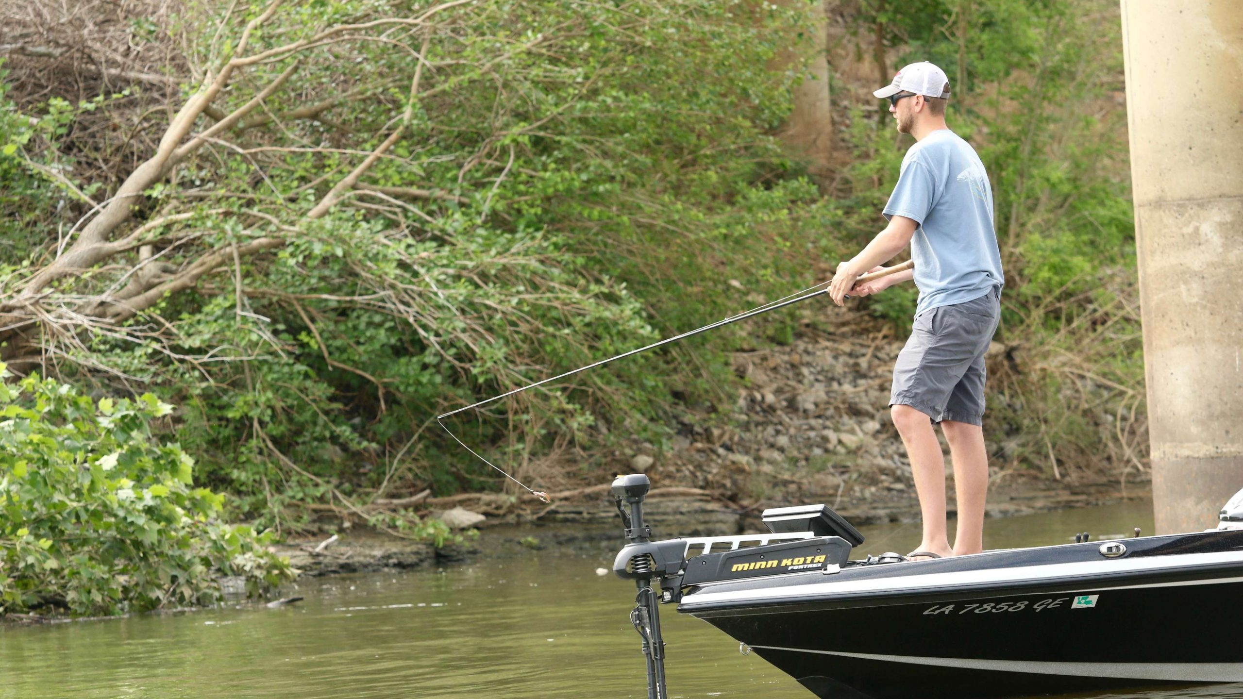  There are plenty of bridge pilings to fish in this tournament. Chance Havard tried casting between a bridge piling and a rock bank to no avail.