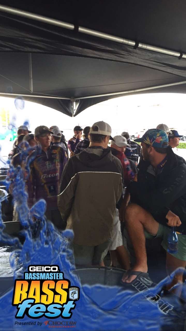 College anglers in the Carhartt College Wild Card presented by Bass Pro Shops wait for weigh-in