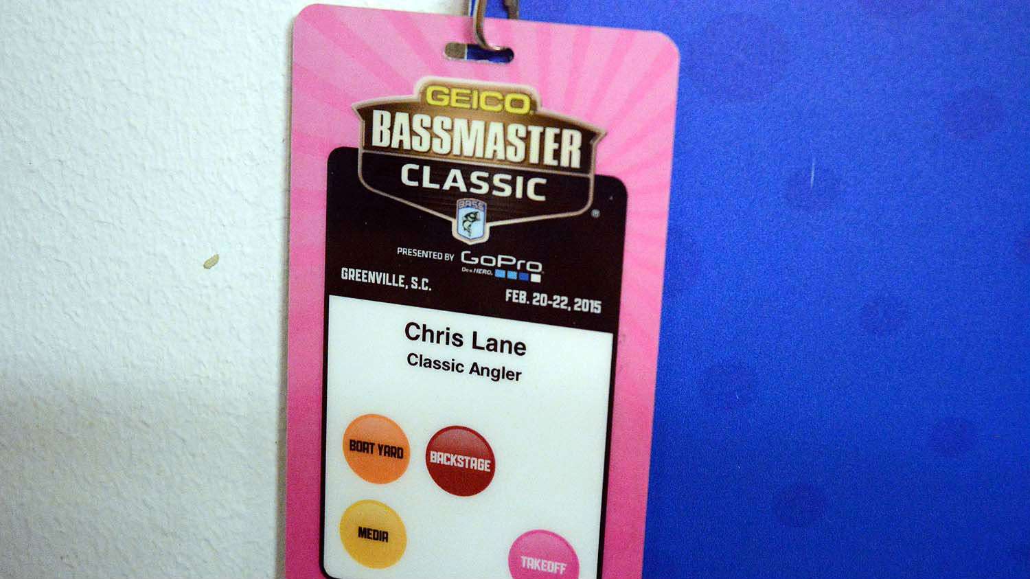 Classic anglers wear this laminated credential during the event. Each area is secure and requires special access according to the job. For Lane that means access to the Boat Yard, Backstage, Media Room and Takeoff areas. 