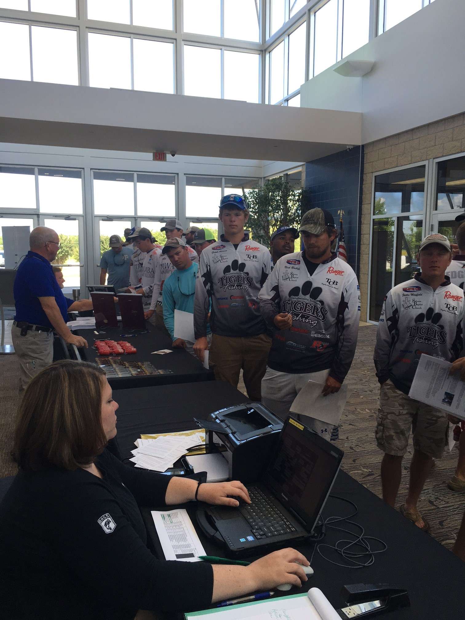 Campbellsville University anglers check in. These anglers are eager to earn a berth to the champ since Campbellsville University will be site of this yearâs champ. 