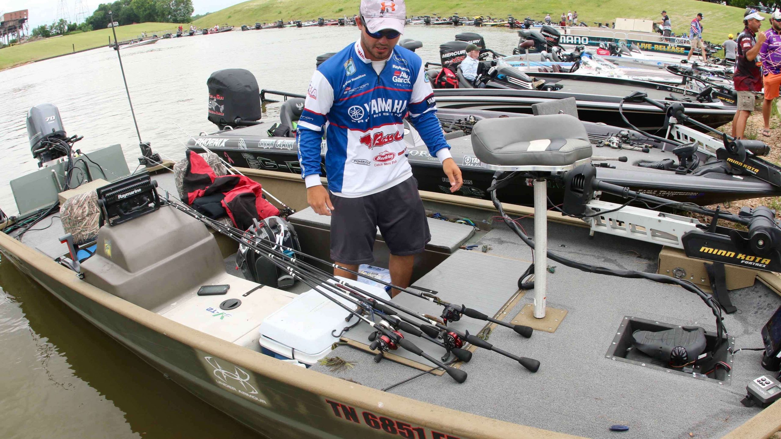 Skylar Hamilton of Dandridge, Tenn., is one of several anglers who chose to bring an aluminum boat, which allowed navigation through some shallow backwaters of the Arkansas River. Hamilton is in 15th place with 13-12.