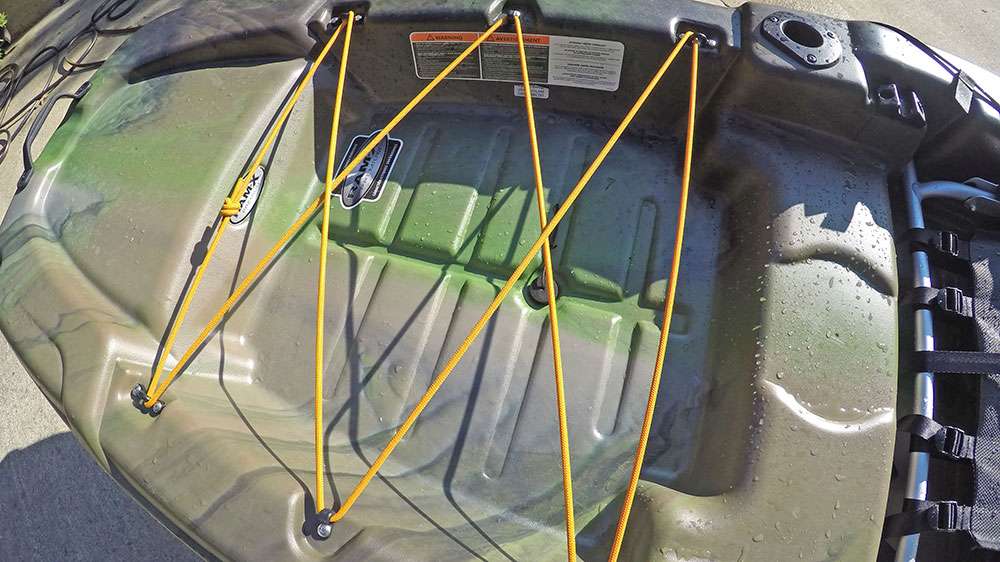 The main storage area can hold crates, a cooler, rod holders, tackle or whatever else you can come up with. The built-in bungee cords are ideal to lash all accessories down.