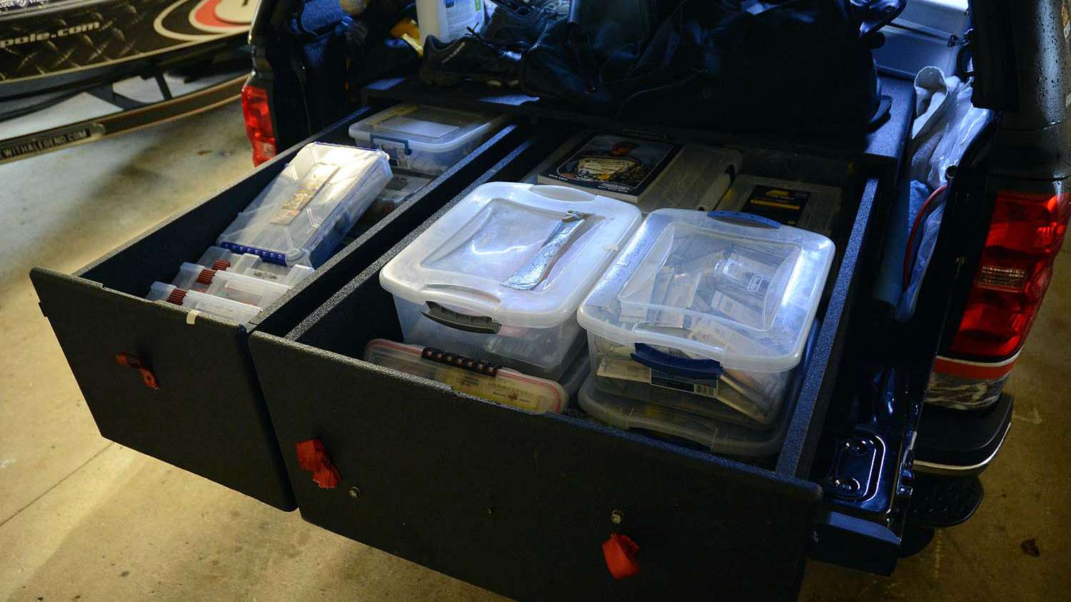 What storage compartments are to bass boats these slide-out boxes are to the trucks. Youâll find such a setup on everyoneâs rig. The truck boxes eliminate having to climb into the bed and search for unorganized tackle and gear. 