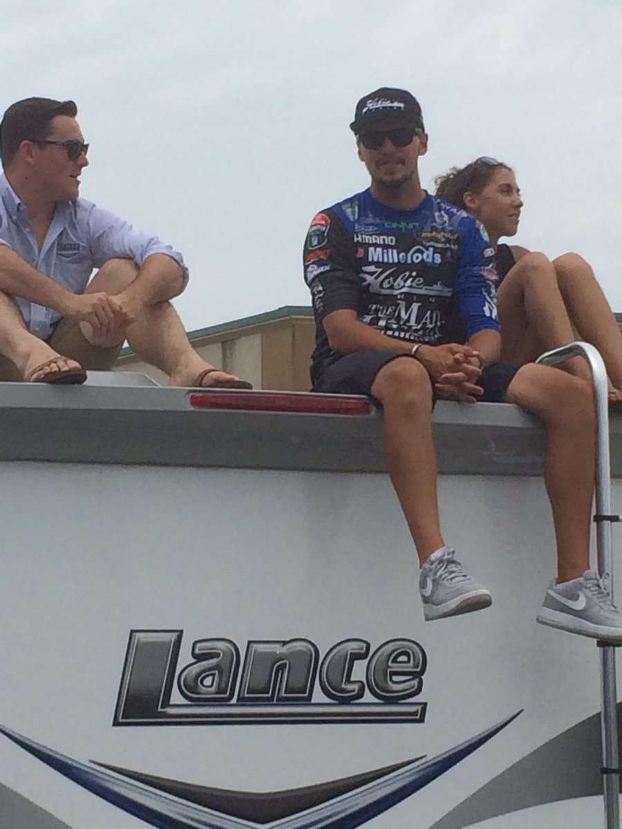 @dullhookscott tweeted this photo with the caption: @CarlJocumsen has the best seat in the house for final weigh in atop a beautiful @lancecampers RV here at #Bassfest