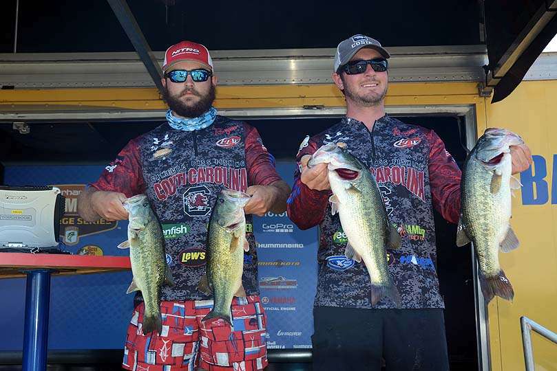 Chris Blanchette and Dylan Allison are fishing for the University of South Carolina bass fishing team. Their catch weighing 15 pounds, 15 ounces, puts the team in fifth place. 