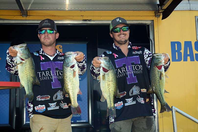 Dakota Ebare and Zach Ziober are the Day 1 leaders with 17 pounds, 10 ounces. The anglers are fishing for Tarleton State University. 