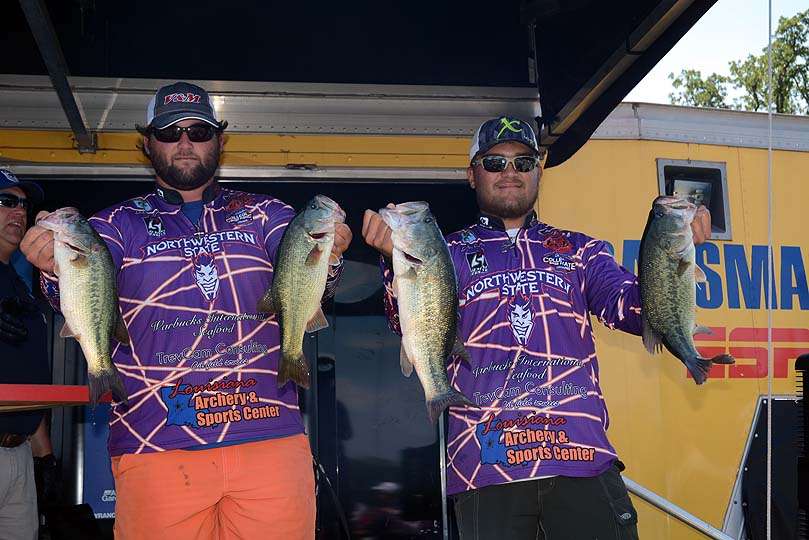 Justin Cooper and Johnny Ledet are fishing for Northwestern State University. The team has 15 pounds, 12 ounces and is in sixth place. 
