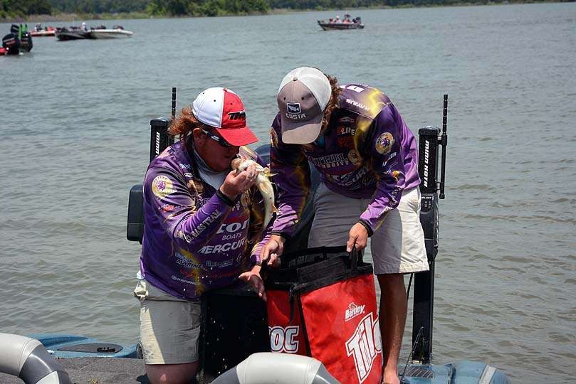 Nearby are seniors Ty Dyer and Ricky Harris, whoâve fished each year of college for the bass fishing team at Bethel University. 