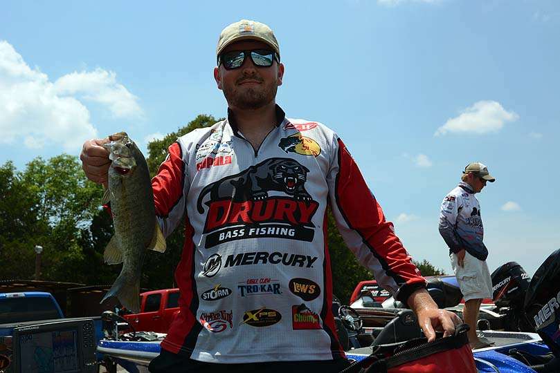 Farther away, in Springfield, Mo., is Drury University, fishing its first year in the college ranks. Derek Louderbaugh holds the bass going into the weigh-in bag. 