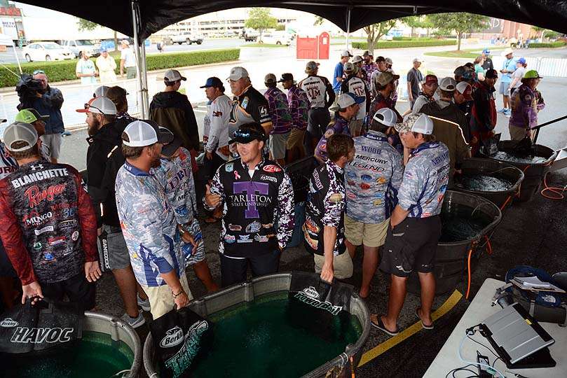The weigh-in began one hour late due to lightning in the area. The top 20 teams made good use of the time telling fishing stories. 