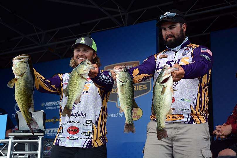 Kimbrough and Rascoe at the scales holding bass from their limit weighing 18-15. 