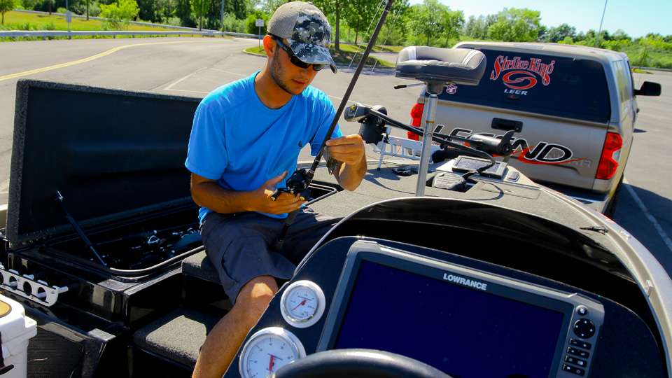Jordan Lee arrived early for the angler's meeting to work on his tackle. 