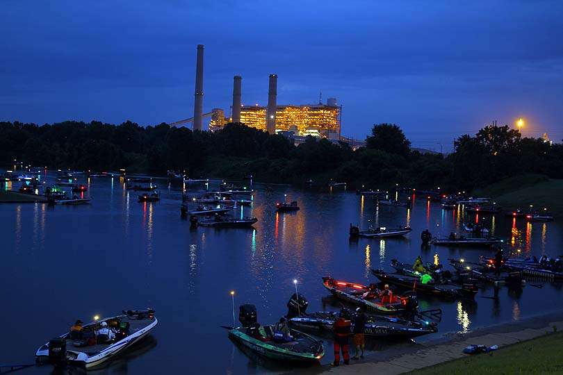 The Oklahoma Gas and Electric power plant looms in the background of Three Forks Harbor, launch and weigh-in site for the Bass Pro Shops Bassmaster Central Open. 