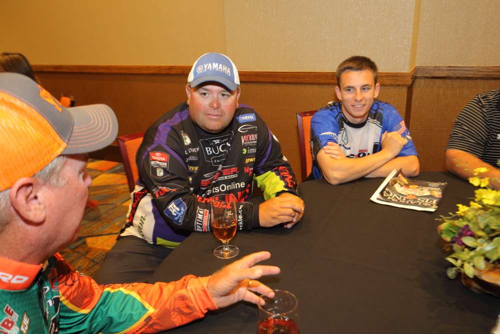 Bassmaster Elite Series pros Dennis Tietje and Bill Lowen spend time with Bassmaster High School All-American Max McQuaide of Tyngsborough, Mass.