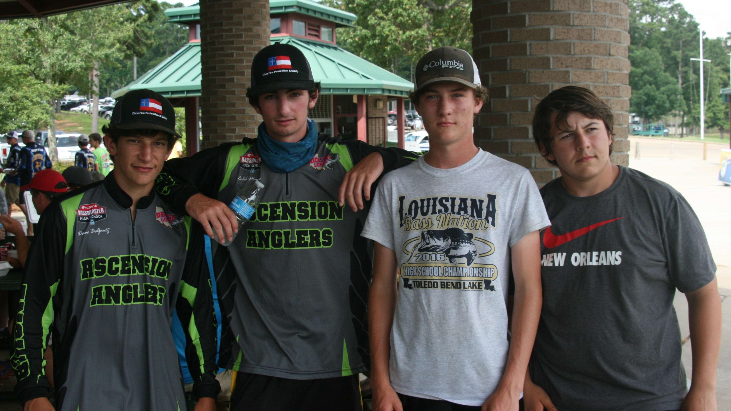 Ascenion Anglers, from left, Dane Balfantz, Caleb Myers, Ethan Smart, and Grant Bourque are ready for some fishing Monday morning.