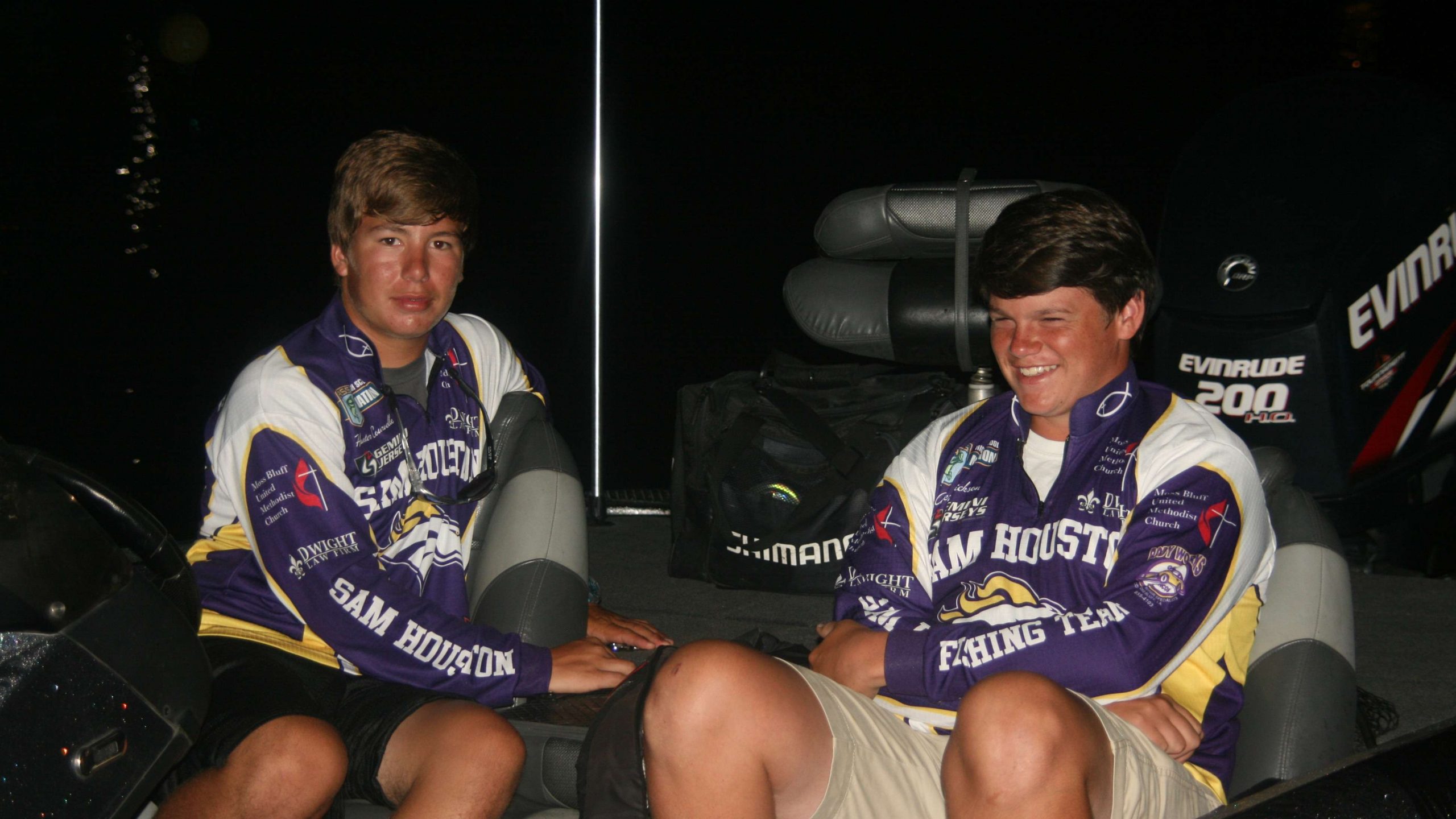 Sam Houston High anglers Hunter Courville and Alex Erickson wait patiently for the start of the tournament. 