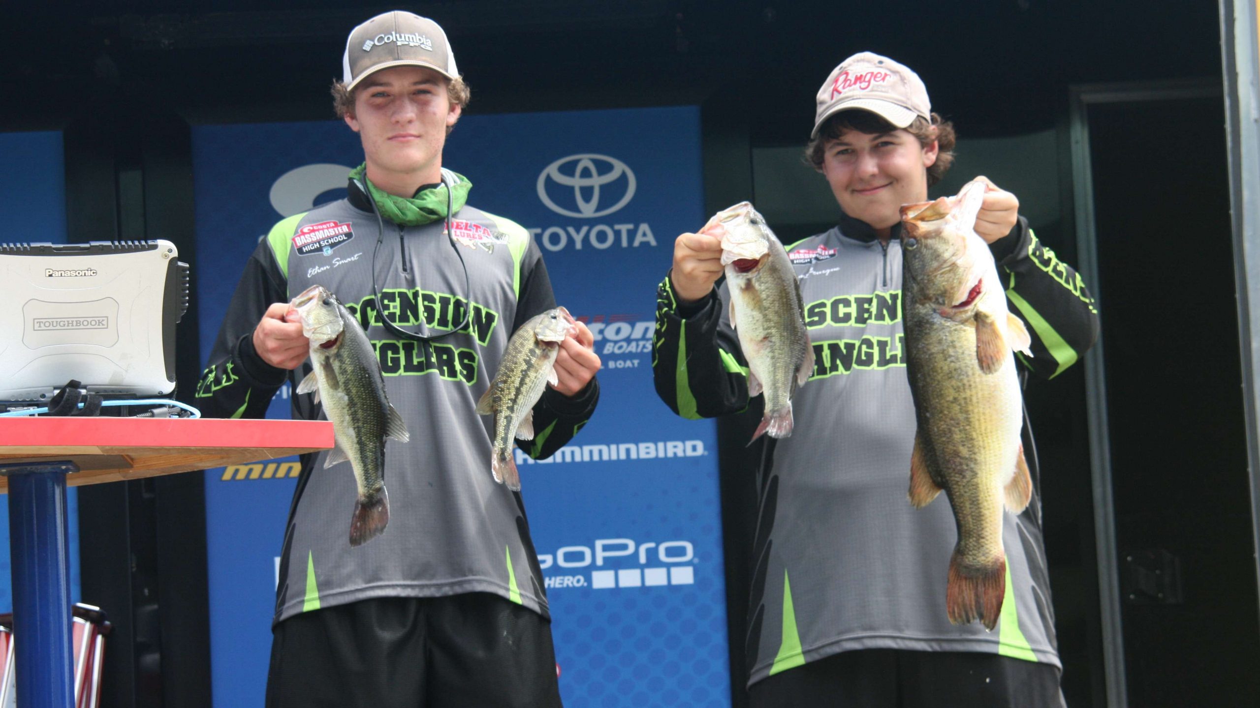Ethan Smart and Grant Bourque of the Ascension (La.) Anglers show the haul that earned them sixth place overall. Bourque caught the big bass of the tournament -- the 6-pound, 15-ounce giant at far right. The team caught 12-2 total.