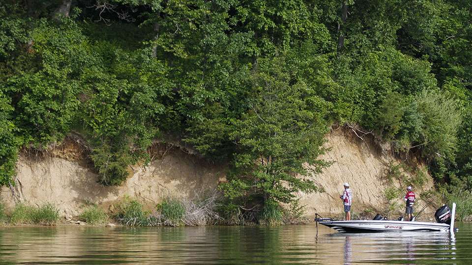 The Missouri State team of Tyler Ellis and Kyle Dougherty fish down a nearby bank.