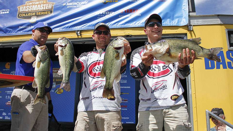 Joachim Speldrich and Marcus Welk of St. Cloud State (2nd, 19-2) with the 7-7 Carhartt Big Bass of Day 1.