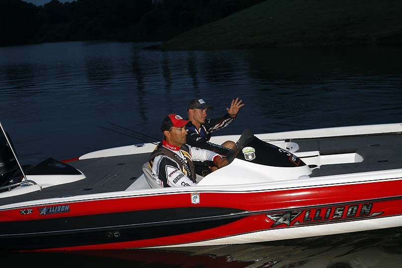 Teb Jones is fishing from a fiberglass rig and nearby the launch site.