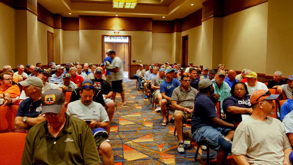 The Bassmaster Marshals begin to take a seat for their pre-tournament briefing. 