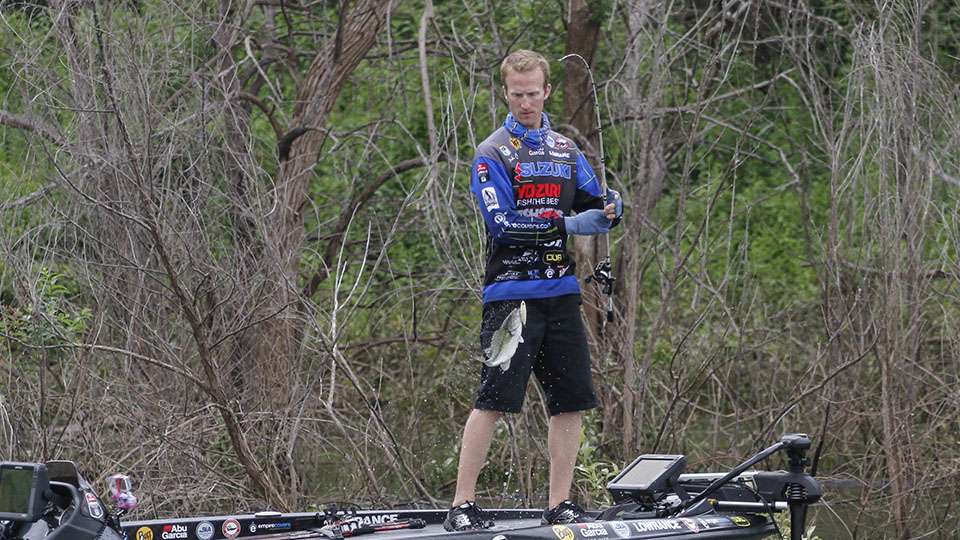 After catching this fish, the Bassmaster still cameras turned into video cameras as we helped document his day for the TV show, which will air on ESPN2. He went on to catch 21-2 and finish 2nd to Greg Hackney. This is Brandon Card's highest career finish in a Bassmaster Elite Series event. 