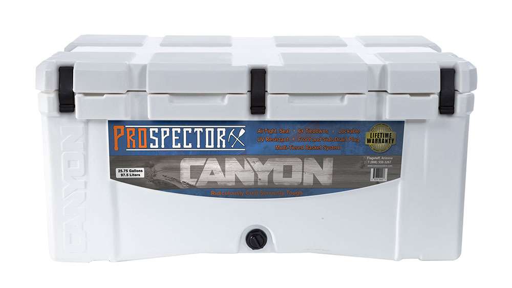 <p>
<p>
Canyon Coolers Prospector 103</p>
<p>When youâre out on multi-day fishing trip, a premium cooler thatâll keep provisions ice cold or the dayâs catch fresh is an absolute must have. Canyon Coolers has introduced a new ice chest thatâll fit the bill and more, the new Canyon Coolers Prospector 103. Designed with unique mounting options, its complete with the six built-in tie-down slots for secure placement. The cooler also accommodates over and under straps that will keep the unit in place when mounted to ATVs, flats boats and any other vehicle that will get you close to fish. Once you get the cooler mounted, you donât have to worry about reaching the drain plug because Canyon designed two into this cooler â¦ one on the front and one on the side. Both plugs are no-lose and recessed. 
