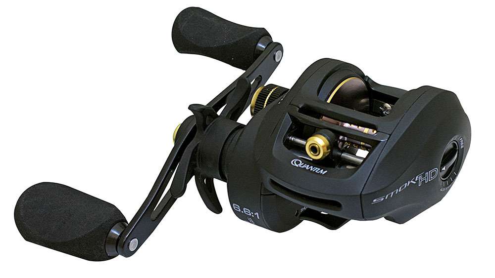 Quantum Smoke HD</p>
<p>Built with a really large 200 size spool that holds 180 yards of 12-pound test, on a compact frame, the new Smoke HD has the body of a sports car with 1-ton diesel truckâs pulling power that makes it ideal for deep crankbaits and Alabama Rigs. Itâs available in 7.3:1, 6.6:1 and 5.3:1 â from pitchinâ and flippinâ to deep cranking and vibrating jigs in between, its three wide-ranging gear ratios will lend every angler the perfect speed for any lure. The gears are housed inside an aluminum frame and side cover that is even protected by corrosion fighting SCR alloy. 
