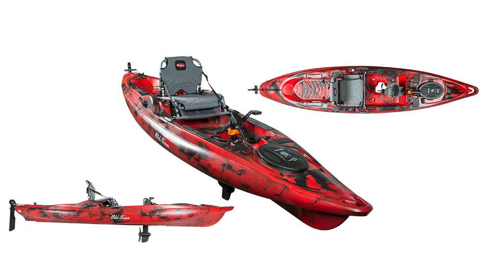 Old Town Pedal-driven Predator PDL</p>
<p>This year, Old Town PDL introduces another paradigm-shifting watercraft after three years in development. The Old Town engineers spent over three years building a highly durable, dependable, fast, quiet and easy-to-use pedal-driven kayak. The goal was to create a pedal-driven Predator that had forward and reverse, which are essential for boat control and pinpoint positioning in wind, current, and around structure.</p> 

<p>The result is an easy to carry, operate and stow system that efficiently converts modest pedaling into maximum propulsion. A 10.3:1 gear ratio means that anglers can reach speeds up to 5 1/2 mph to reach fishing spots fast and efficiently. </p>

<p>The boat is 13 feet, 2 inches, 36 inches wide, weighs 117 pounds and will carry up to 500 pounds, including gear. MSRP: $2,799.99</p>
