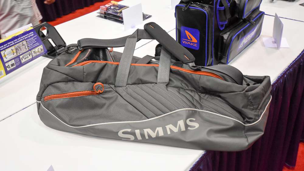 Simms shows off a new boat bag. 