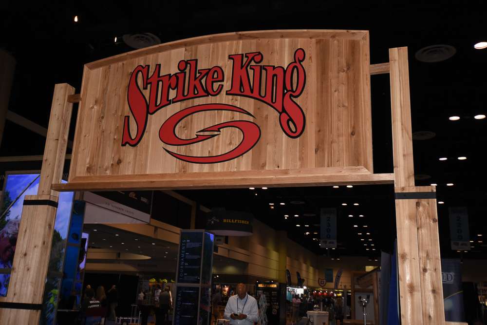 The booth of tackle company Strike King has a sharp wood sign thatâs hard to miss.