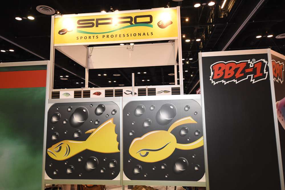 Sproâs booth graphics show off the mean profiles of their bait selection.