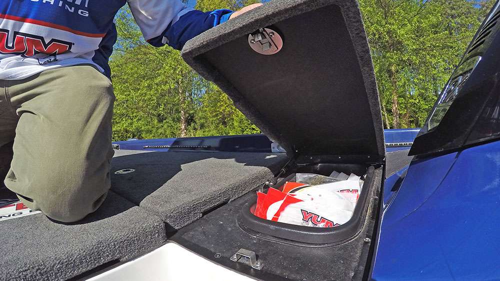This smaller side compartment holds what he is using at that particular tournament. During this photo shoot, the box had his Winyah Bay selection.
