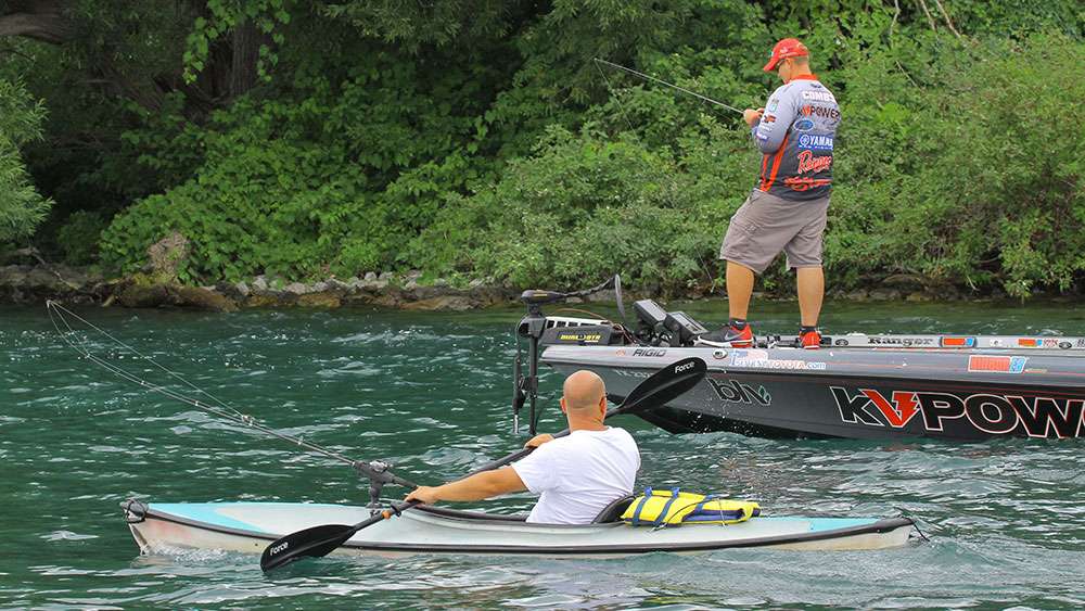 Keith Combs fished against Brett Hite on Tuesday. He began just a half-mile from takeoff, where a kayaker came by to check him out. 