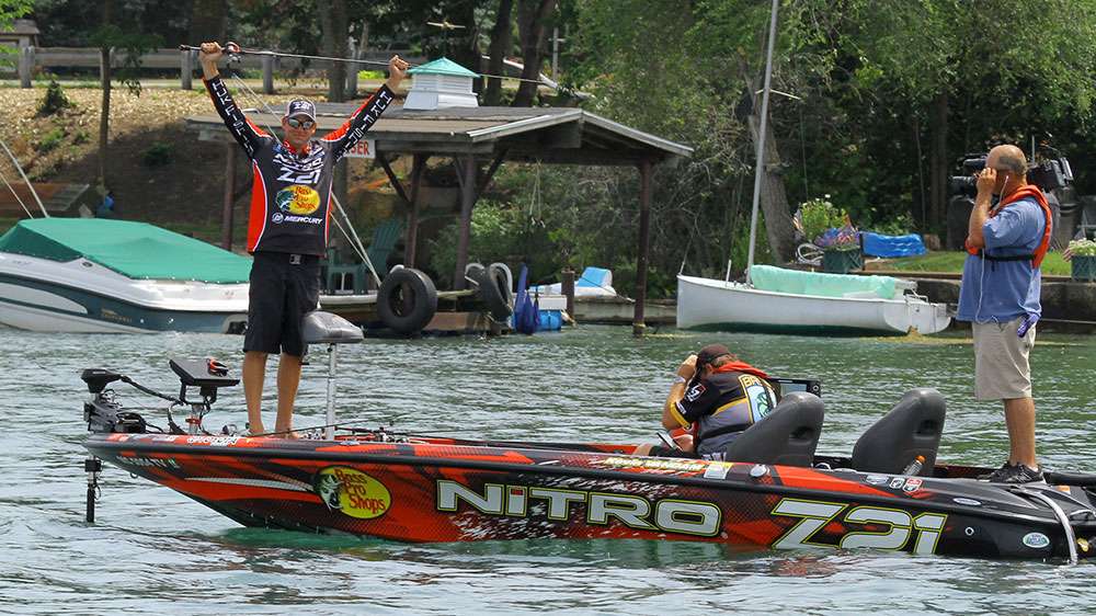 Why, yes he is. Kevin VanDam wins his round two match with Koby Kreiger.  And he is ready to celebrate. 