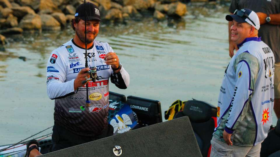 Cliff Crochet and Bryan Gray prepare to get started in the OPTIMA Batteries Healing Heroes in Action Tour presented by General Tire. The event, coordinated by Edwin Evers, puts together Elite anglers with Purple Heart recipients for a one-day tournament. 