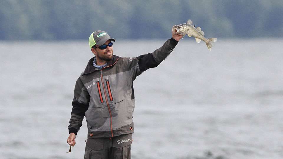 Hardy hauls in a walleye, which is good for eating, but not for weighing during a bass tournament.