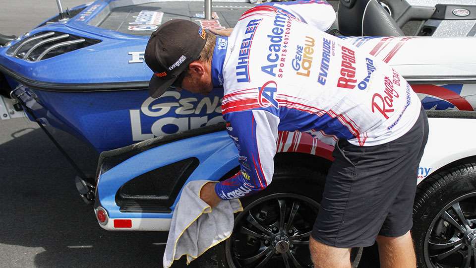 After the interview, Wheeler takes a minute to shine up his boat and truck for the drive thru weigh-in.