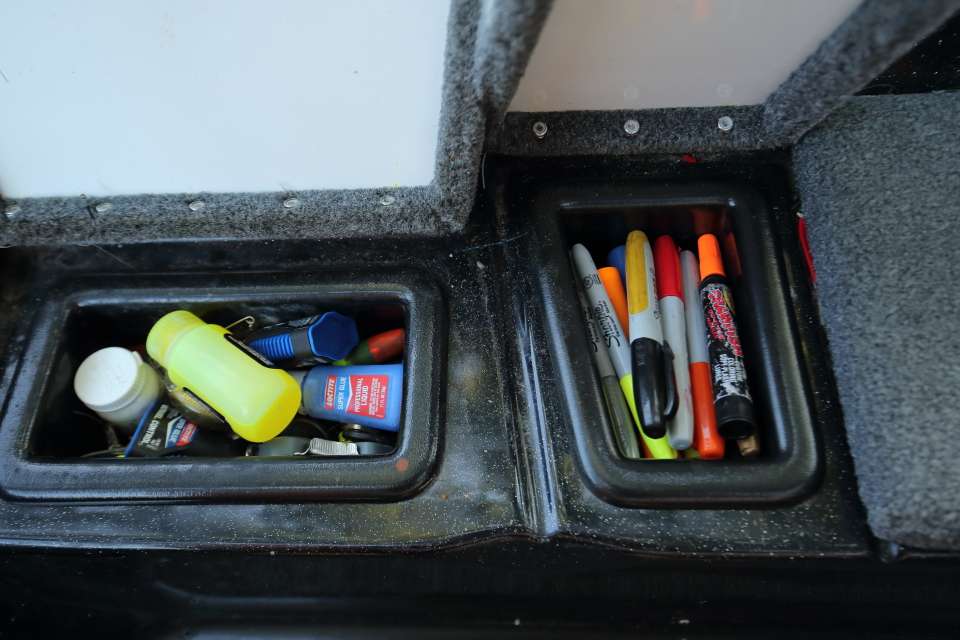Two small storage boxes hold everything from Sharpies to Super Glue.