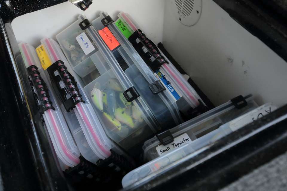 A box in the back of the boat holds hard baits. 