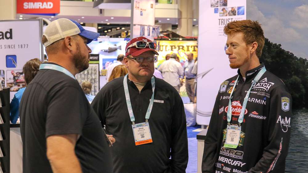 I asked Elite Series pro Josh Bertrand if I could follow him around for a while at ICAST. Our first stop was the B.A.S.S. booth, where he spent some time talking to B.A.S.S. editors Thomas Allen and Bryan Brasher. 