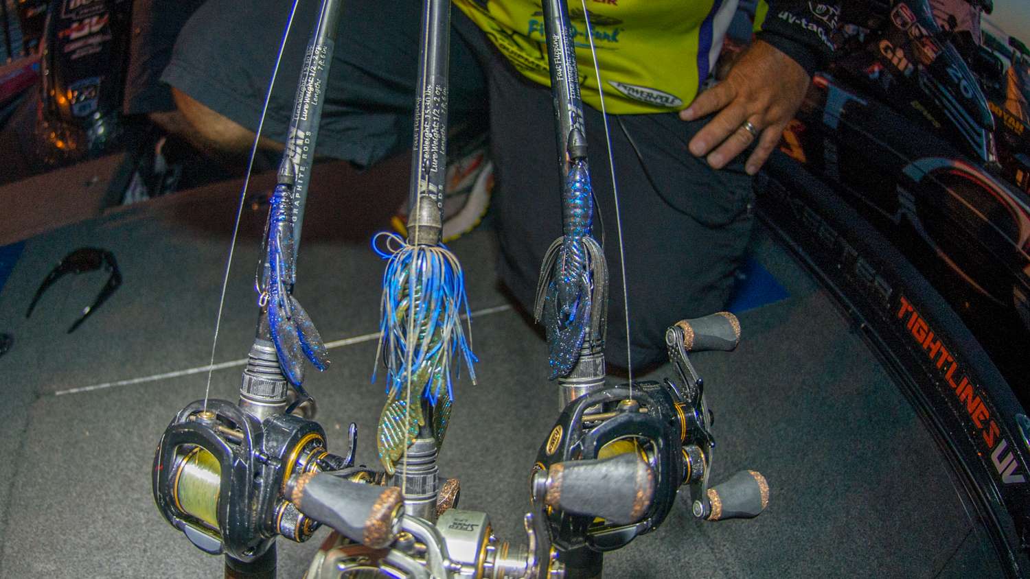 Lowen used a sapphire blue, rigged with a 1/4-ounce Reins TB Tungsten Slip Sinker and 3/0 Mustad Grip Pin Max hook. Alternatively, he rigged a green pumpkin version with the same hook and a 1-ounce sinker. For more strike appeal he added a blue jig skirt from Lure Parts Online. 