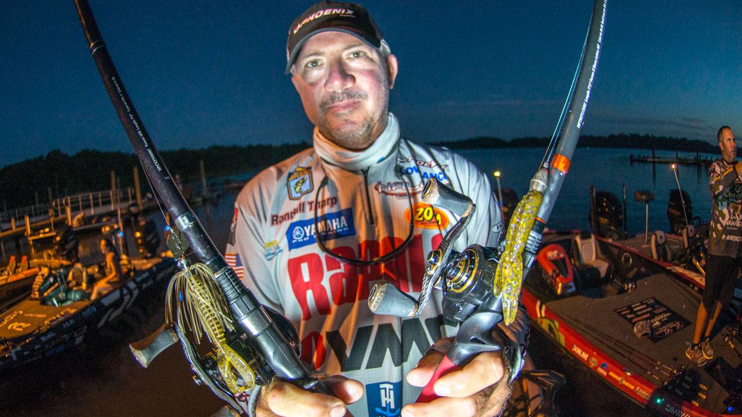 <b>Randall Tharp</b><br>
Brett Hite gifted Randall Tharp with a single 3/8-ounce Evergreen Jackhammer bladed jig he used all week. By Day 3 the lure bore the battle scars of success. For strike appeal he added a 3.5-inch Zoom Z Craw Jr. âI basically just junk fished around docks and punched grass,â he said. Alternatively, he used a 3/8-ounce 4x4 Randall Tharp Signature Series Jig, Golden Craw. To that he added a 3.5-inch Zoom Super Chunk Jr., green pumpkin. 